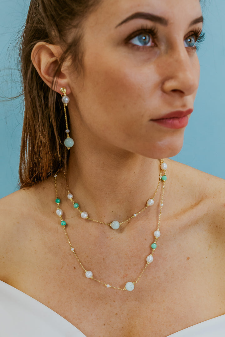 Comete Necklace 925‰ Silver with Acquadolce Pearls, colored Jade, Angelite GLA281