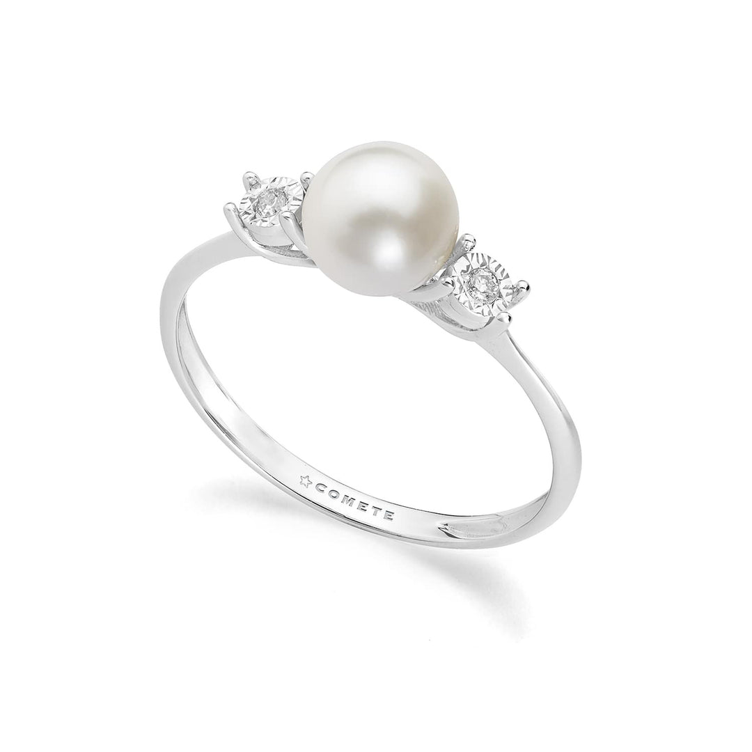 Anillo Comete en oro blanco 375 ‰ con diamantes blancos y perla cultivada KANP002