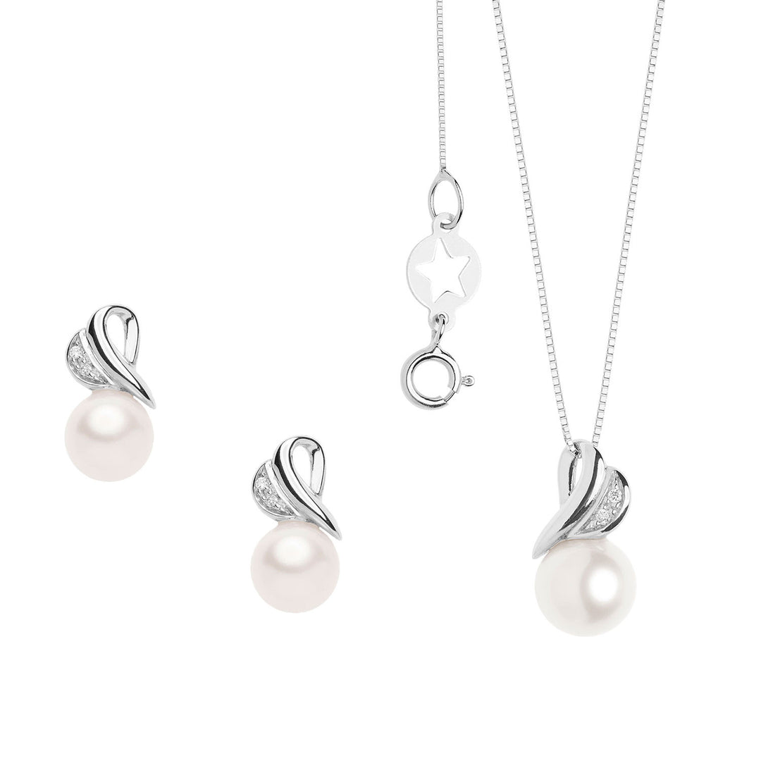 Collar y Pendientes Comete con Perla y Diamantes en Corazón de Oro Blanco KIT625761