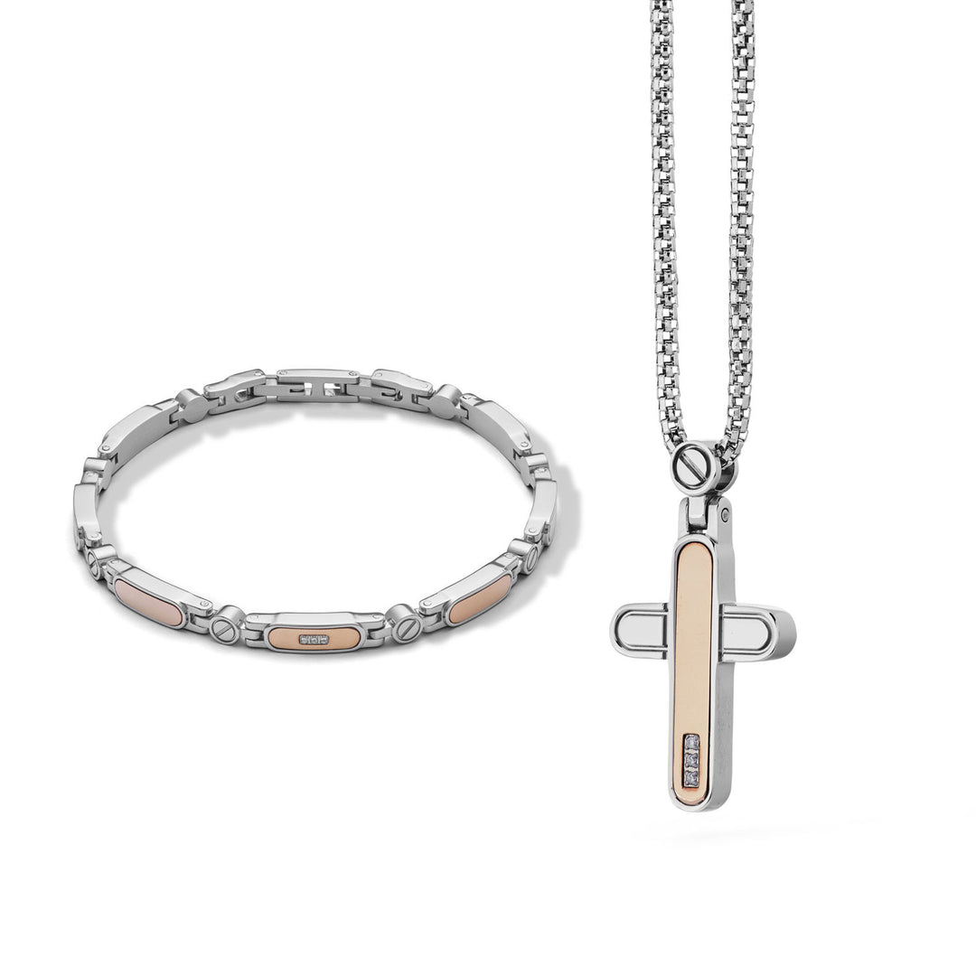 Comete Senior halskæde og armbånd i poleret stål, rosé PVD og diamanter KIT7011009