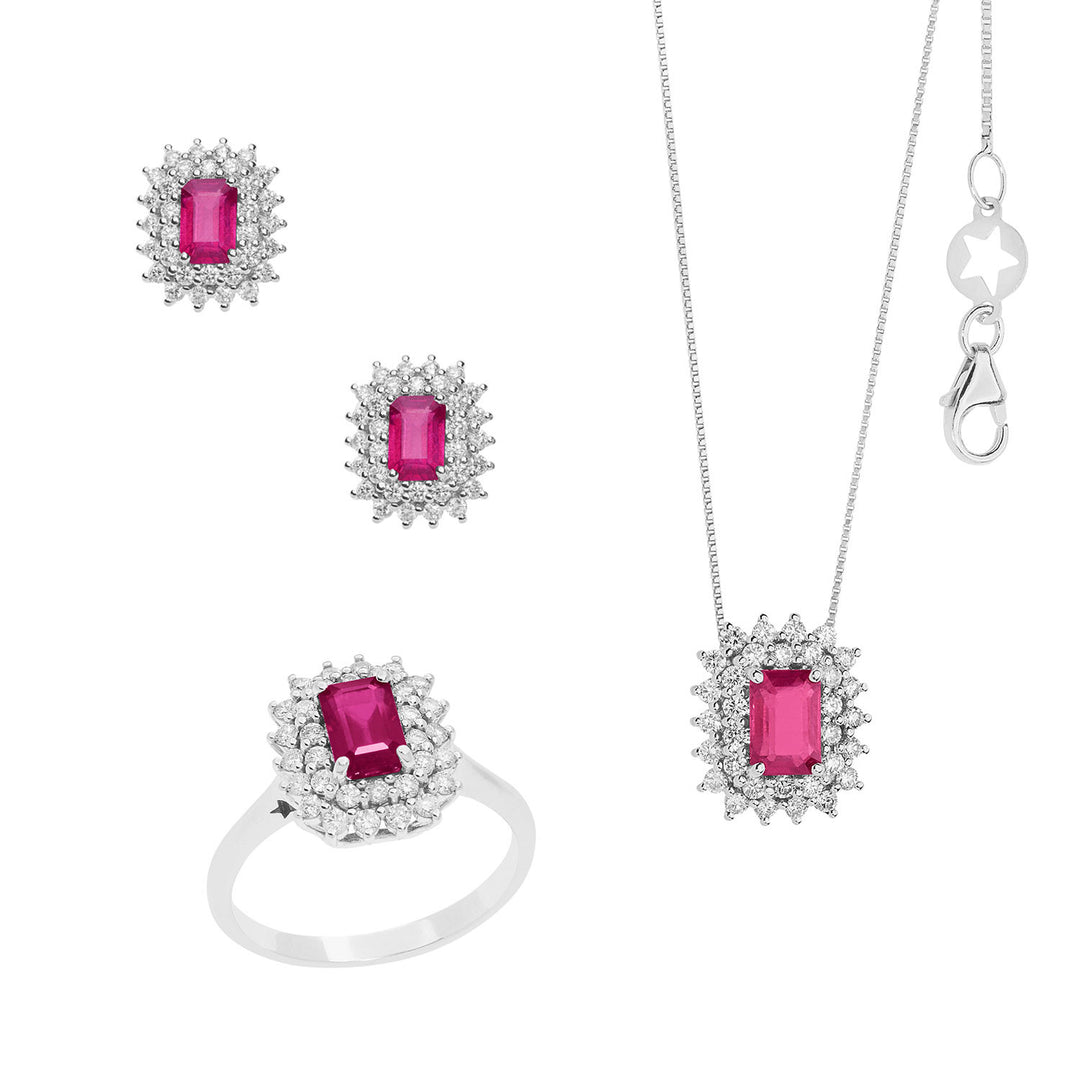 Comete Collana, Anello e Orecchini Regina in Oro Diamanti e Rubini ottagonali KIT160426241059