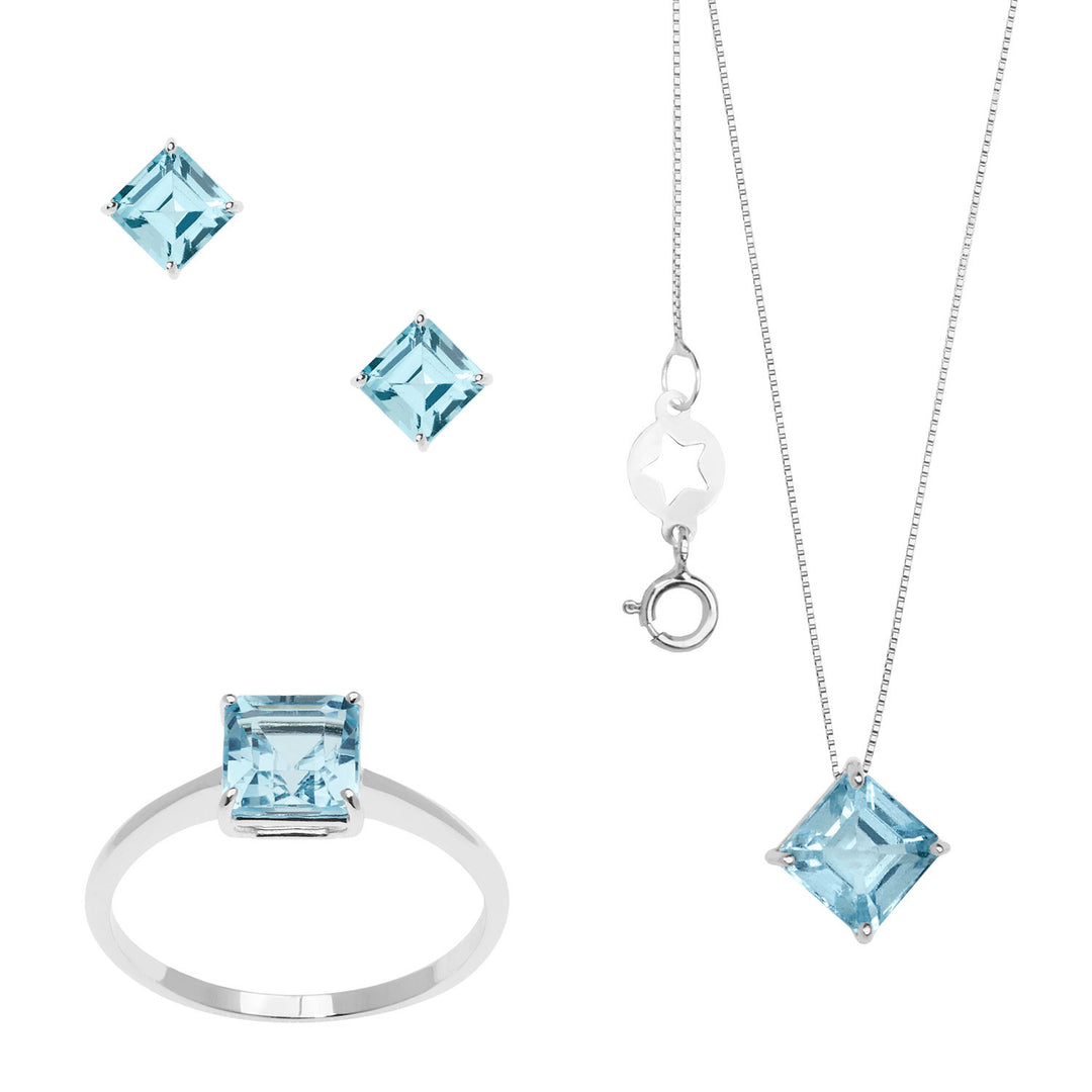 Comete halskjede, ring og øredobber i hvitt gull med blå Topaz Carrè KIT164526801096