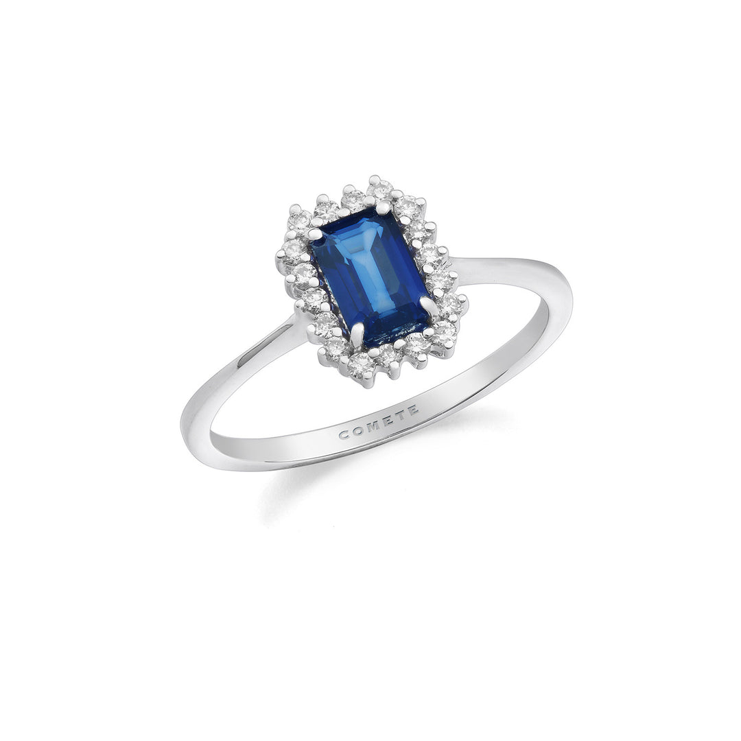 Comete Ring 750‰ gull, diamanter og åttekantet blå safir ANB2692
