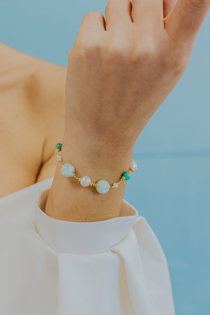 Comete Bracelet 925‰ Silver with Acquadolce Pearls, colored Jade, Angelite BRA279