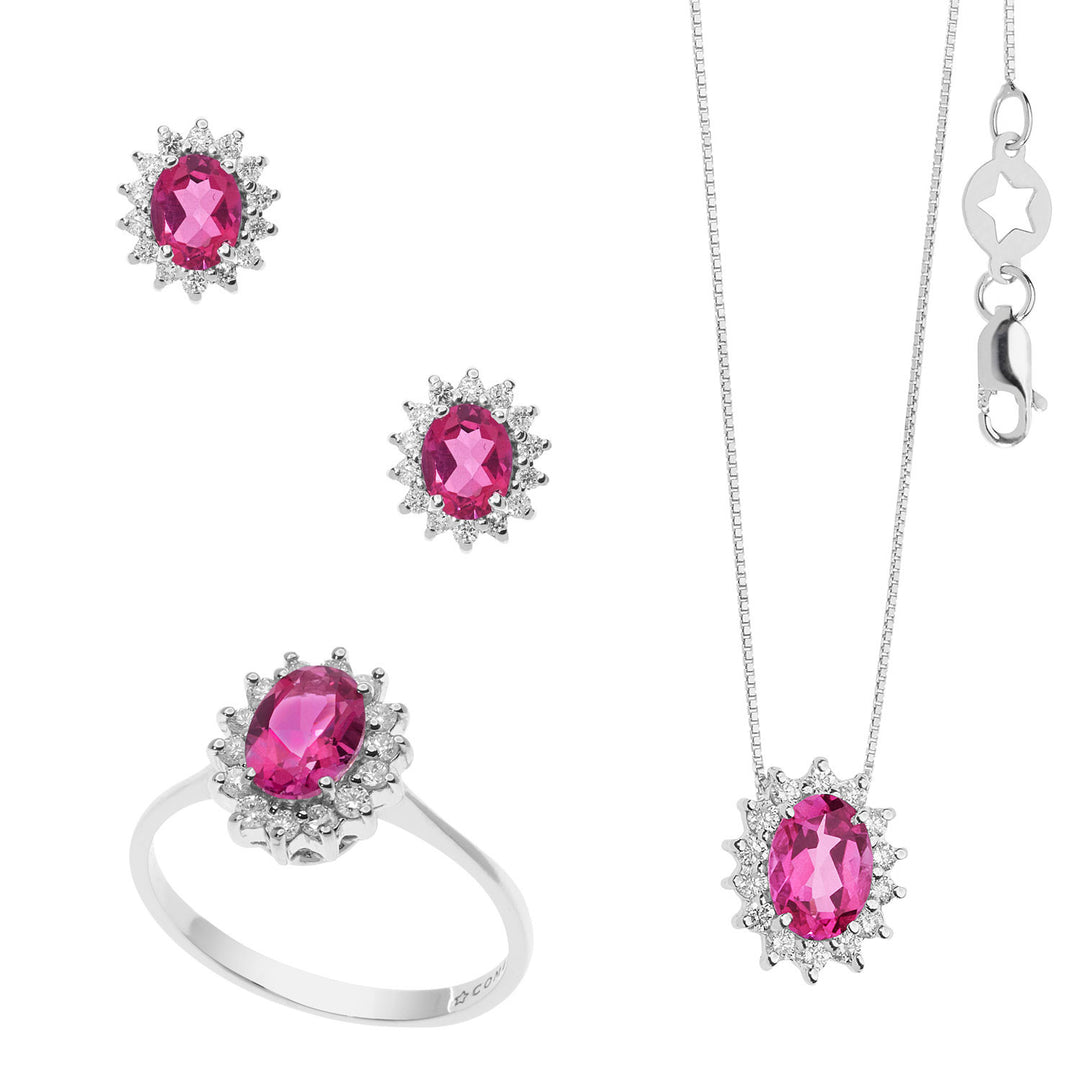 Comete halskæde, ring og øreringe i guld, diamanter og oval pink topaz-KIT157925931037