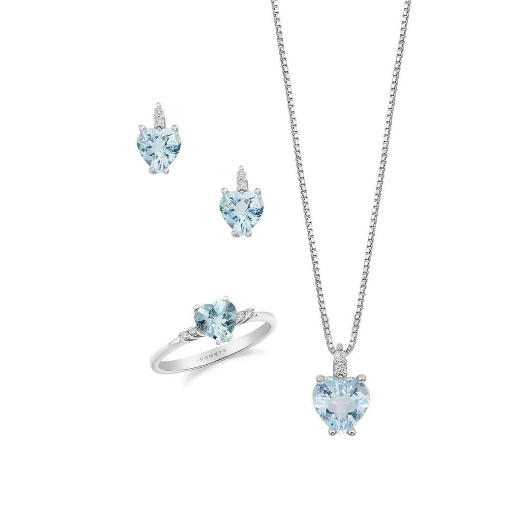 Comete Halskette, Ring und Ohrringe aus 750‰ Gold, Diamanten und Aquamarin-Herz KIT306341265