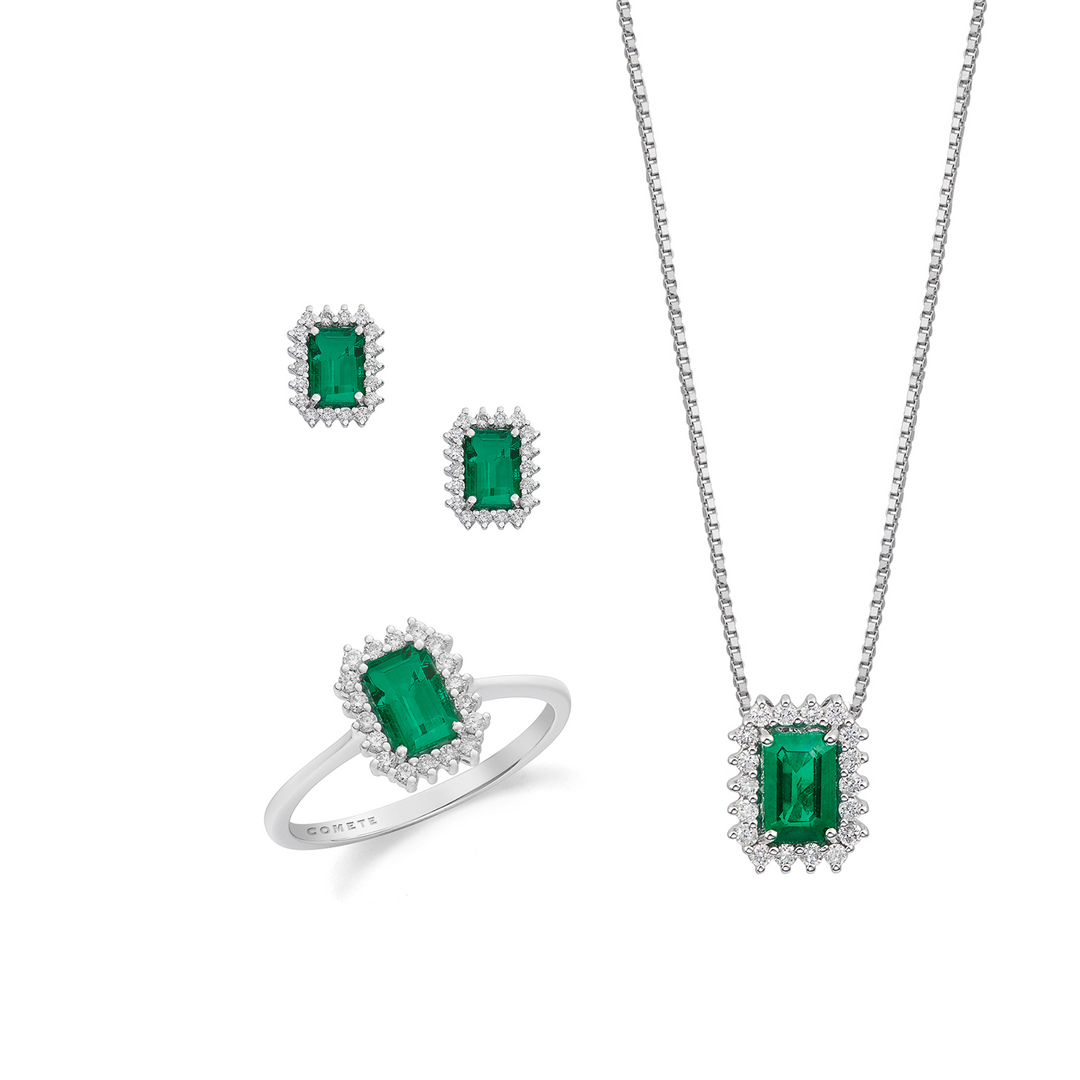 Comete Necklace, ring and earrings 750‰ gold, white diamonds and octagonal emerald KIT166526951109