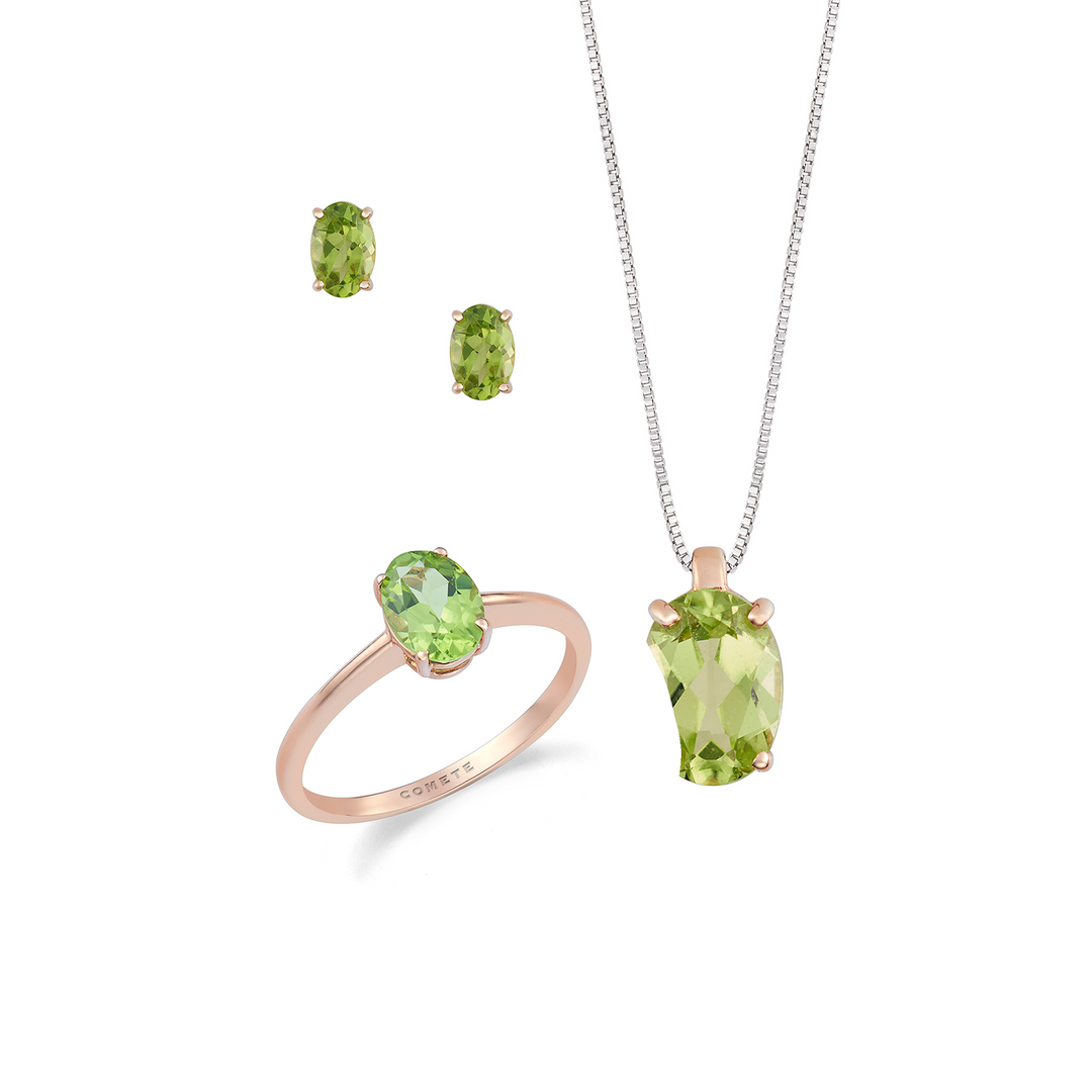 Comete Collar, anillo y pendientes de oro rosa 750 ‰ y peridoto ovalado KIT166826981112
