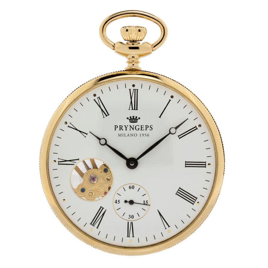 Reloj de bolsillo Pryngeps Classic 50 mm blanco cuerda manual acero PVD acabado oro amarillo T065-L