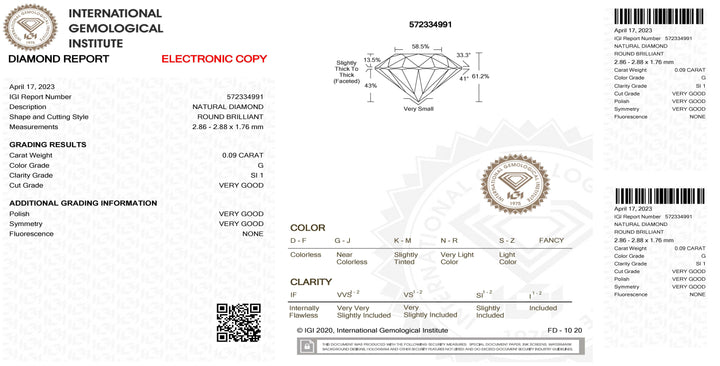 IGI diamante in blister certificato taglio brillante 0,09ct colore G purezza SI 1 - Capodagli 1937