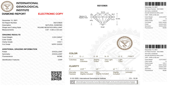 IGI diamante in blister certificato taglio brillante 0,25ct colore G purezza VVS 1 - Capodagli 1937
