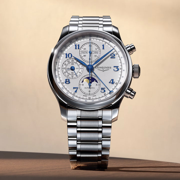 Longines orologio Master Collection Chrono Moonphase 41mm argento automatico acciaio L2.962.4.73.6
