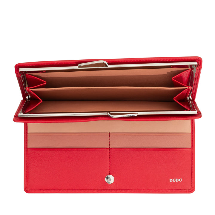 DUDU stor damelommebok i ekte skinn med RFID-beskyttelse, kredittkortholder med myntlommebok Clic Clac, fargerik sedellommebok