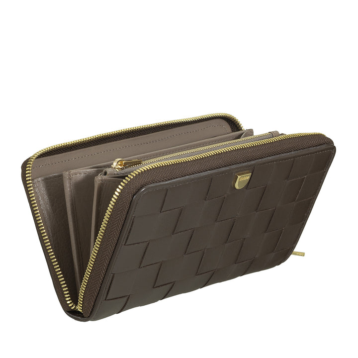 Carteira feminina DUDU em couro tecido genuíno com zíper, elegante e espaçosa – porta-cartões, notas e moedas, carteira tecida com zíper completo
