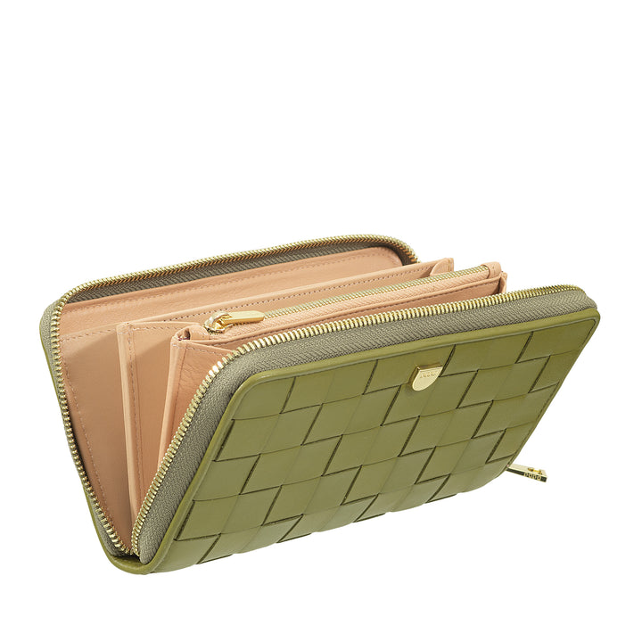 Carteira feminina DUDU em couro tecido genuíno com zíper, elegante e espaçosa – porta-cartões, notas e moedas, carteira tecida com zíper completo