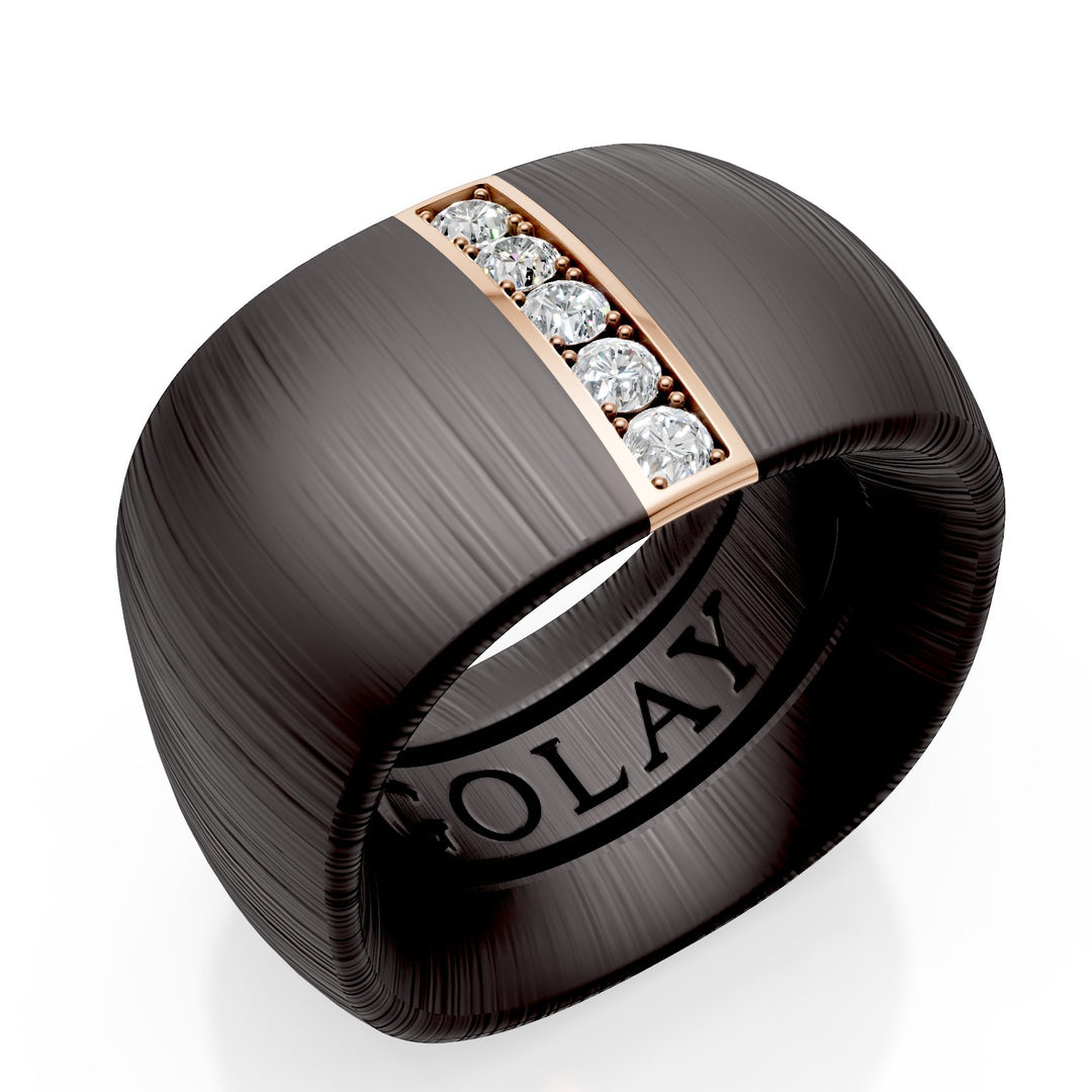 Bague Golay en titane noir texturé avec insert linéaire en or rose 18 carats serti de diamants, taille 14, avec ressort interne pour réduction GAN027O3DINETX-14