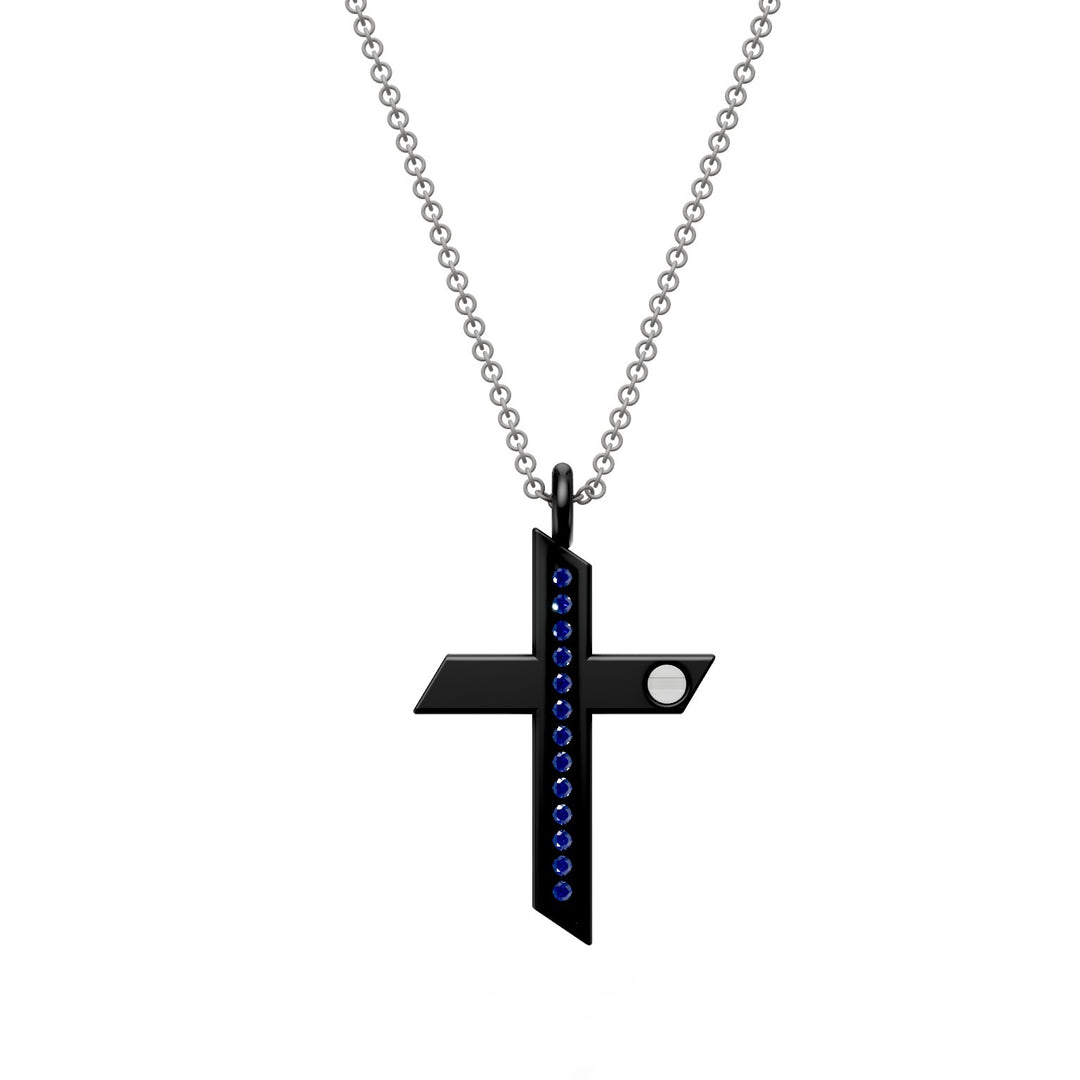 Collier croix World Diamond Group avec saphirs en titane noir et chaîne grise, avec inserts en platine GDCR01PTZBNE