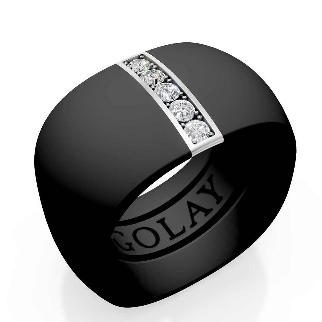 Anel Golay de titânio preto com inserção linear em ouro branco 18k cravejado de diamantes, tamanho 16, com mola interna para redução GAN027O4DINE-16