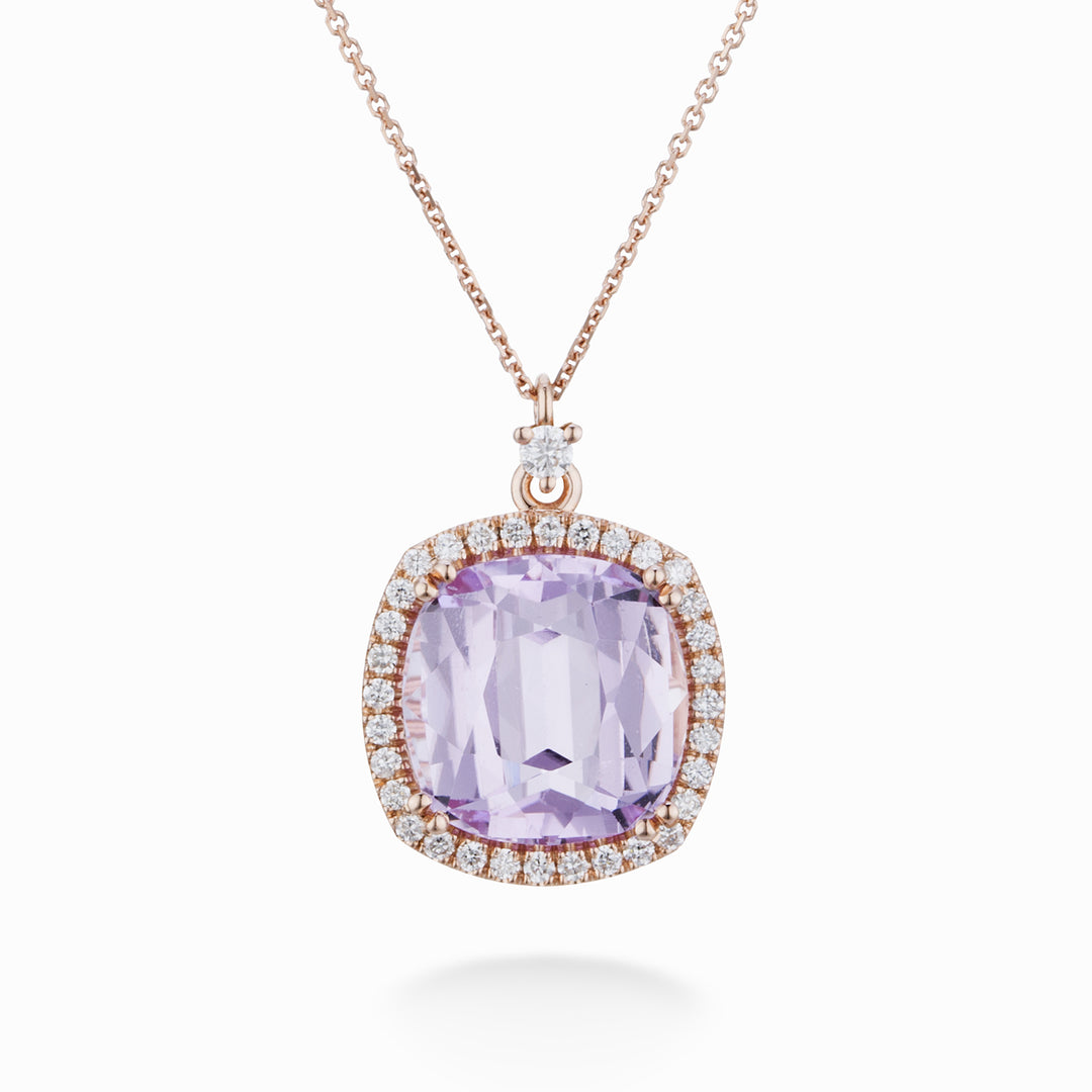 World Diamond Group kunzite cushion necklace 11x11 and diamond outline PCLC077DIKZ11-23160110044