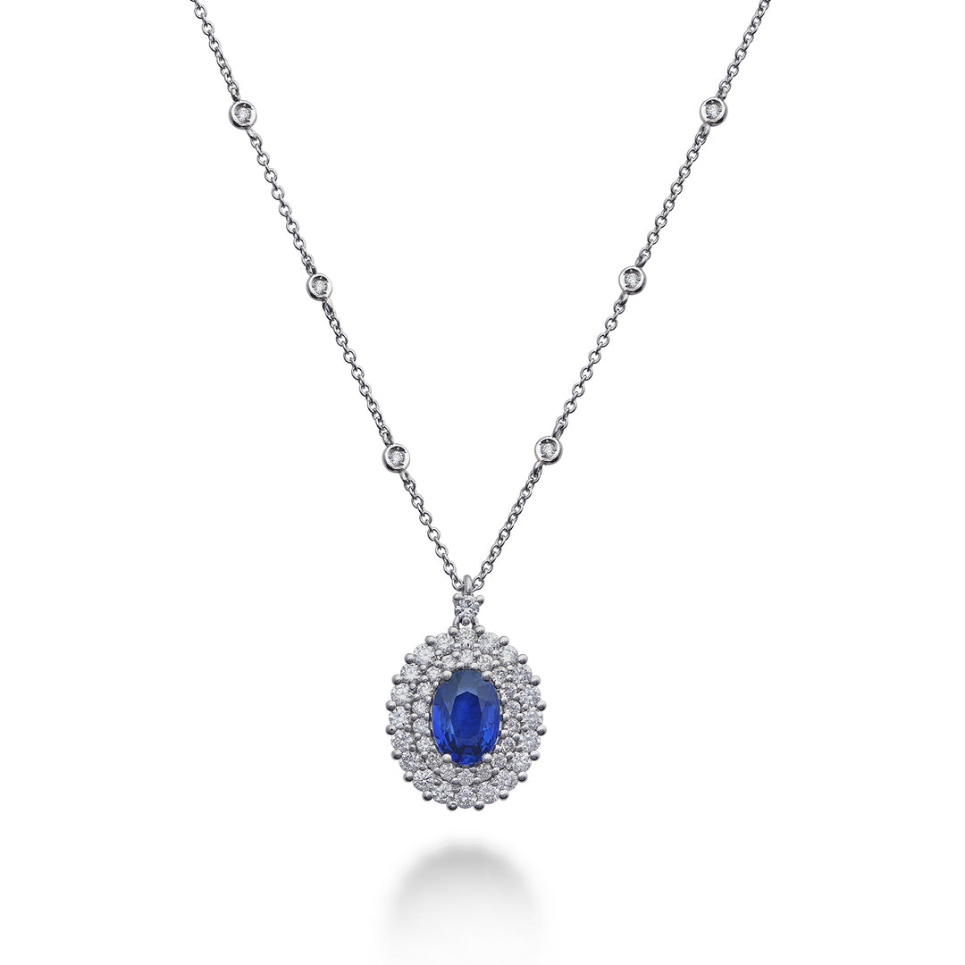 Golay oval safir halskæde 7x5 med dobbelt kontur PCL128DIZB57-22129110065