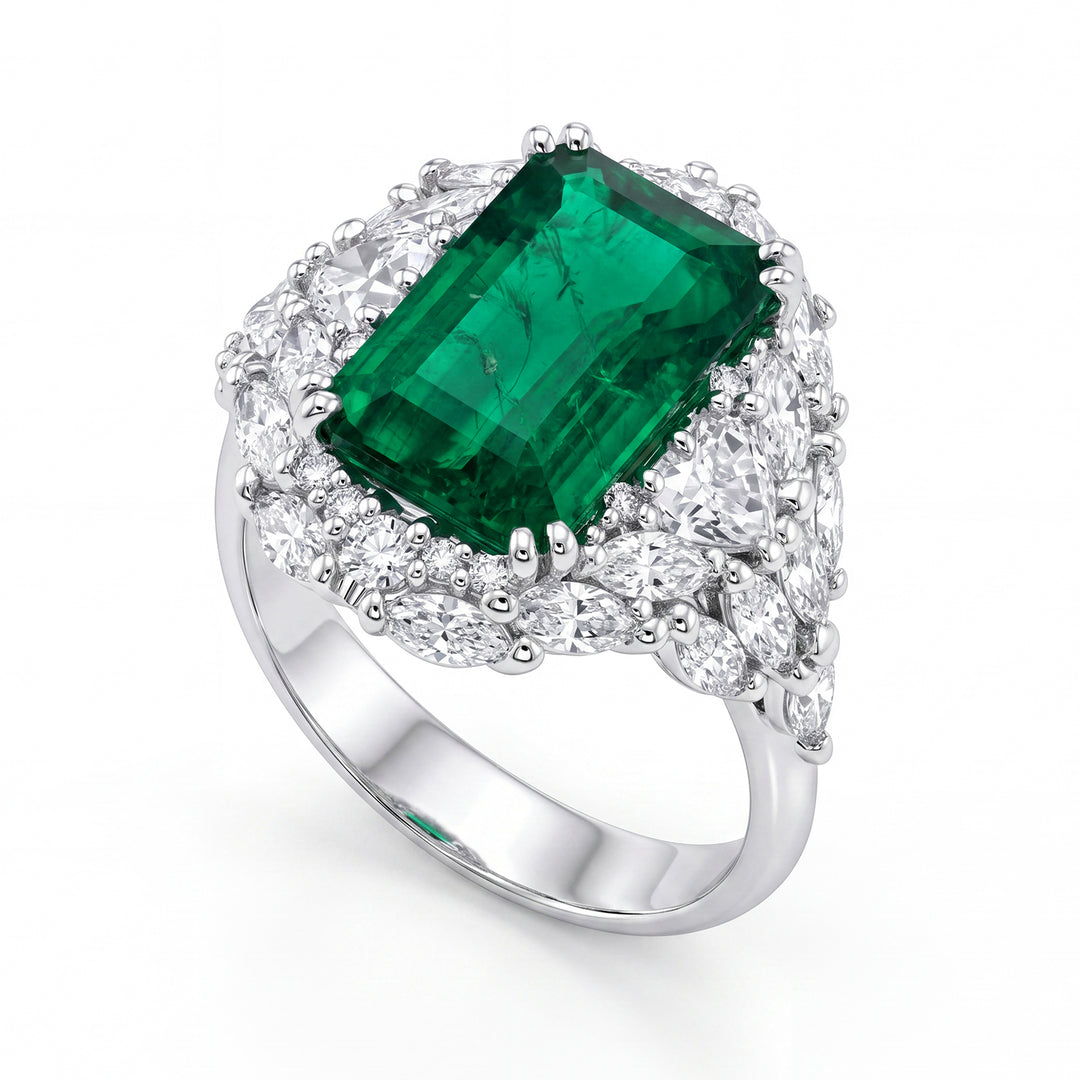 Anillo con esmeralda de World Diamond Group de 4,24 ct y contorno de lanzadera APU171SMDI-19007110012