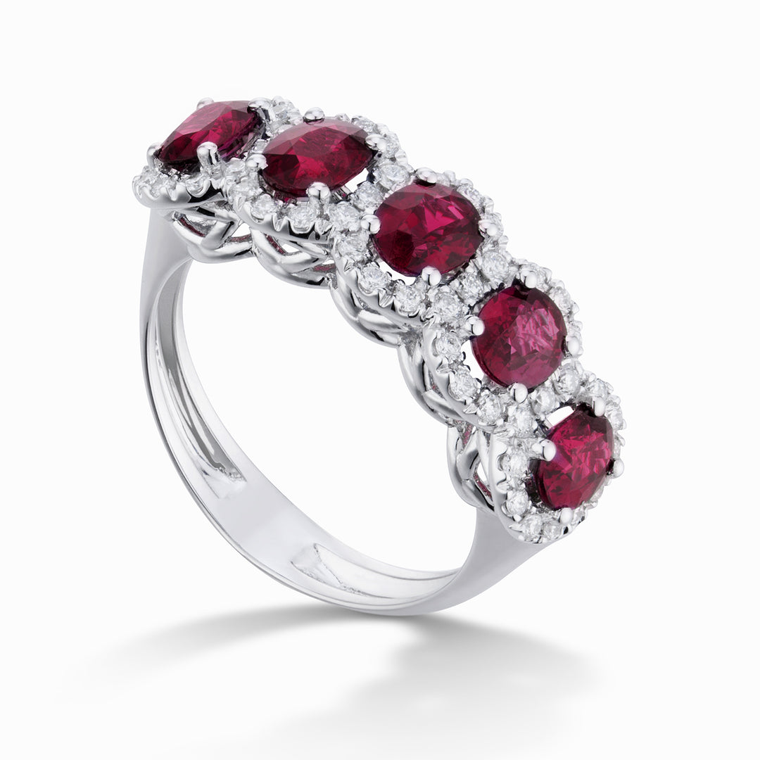 Golay ring med 5 ovale rubiner 5x4 og kontur diamanter ACL5123DIRU45-25092110141