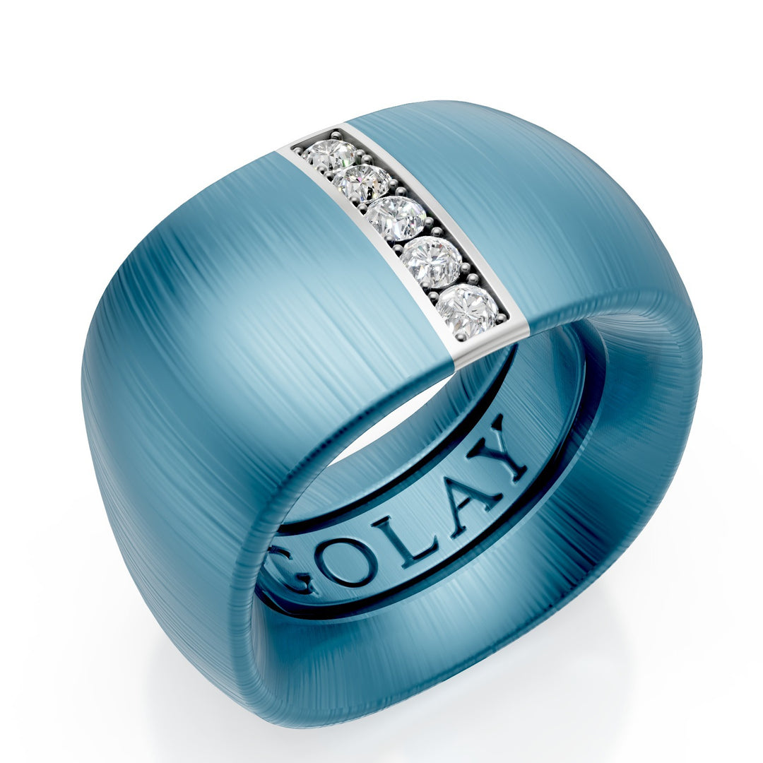 Bague Golay en texture de tissu de titane bleu avec insert linéaire en or blanc 18 carats serti de diamants, taille 14, avec ressort interne pour réduction GAN027O4DIBLTX-14