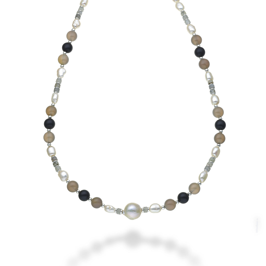 Mikiko cl ag925 fw bar 6/7 nucl.11/12 grå agat og svart agat 8mm 60 cm MC7134A4AGATAGRIGI