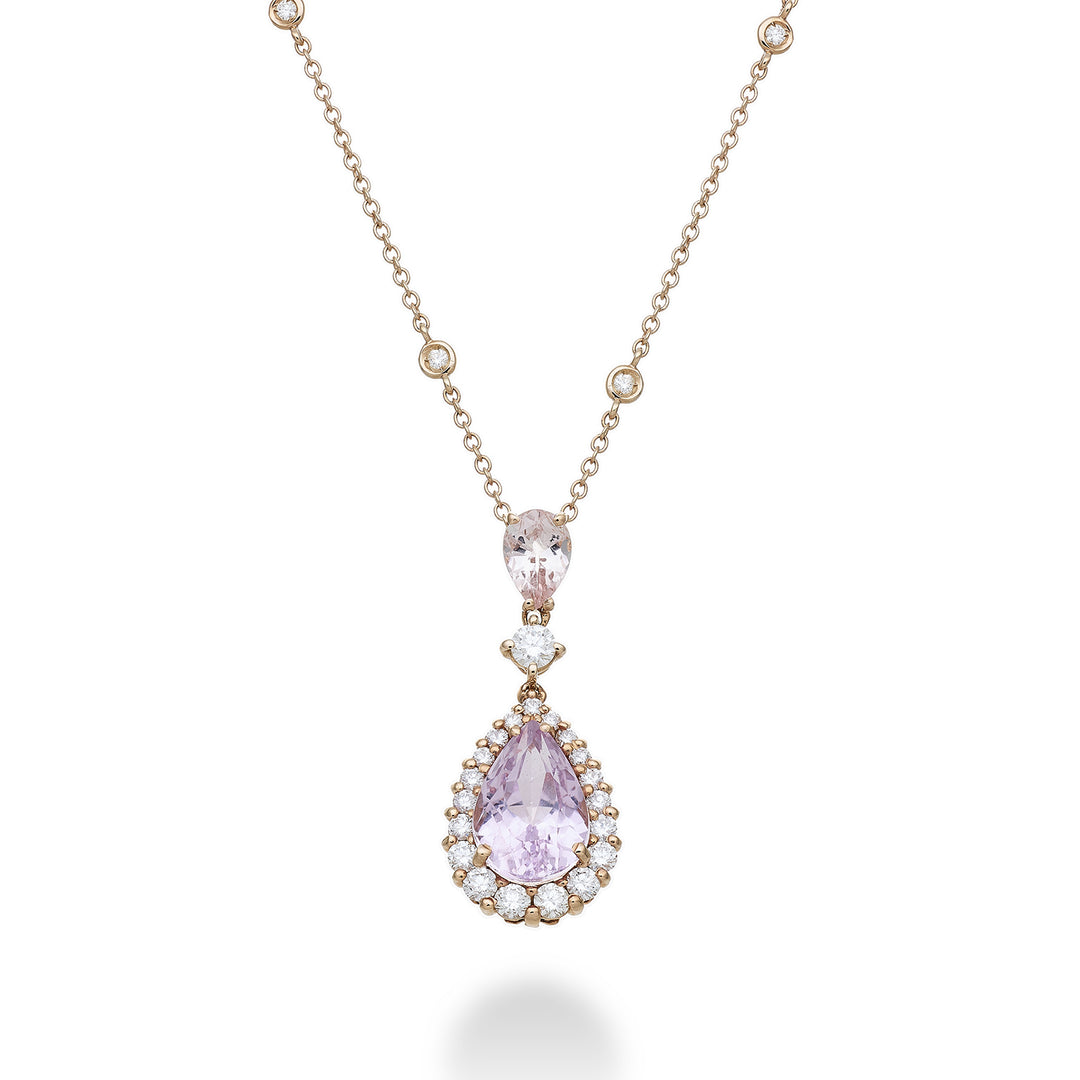 World Diamond Group kunzite teardrop necklace 10x7, morganite and diam PCL093DIKZMO2-21292110052