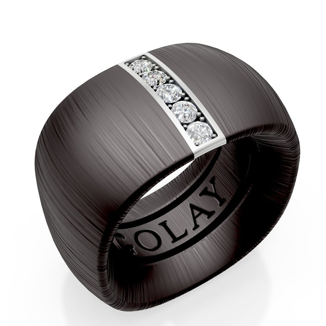 Golay band ring in black titanium fabric texture with linear insert in 18k white gold set with diamonds, size 17, with internal spring for reduction GAN027O4DINETX-17