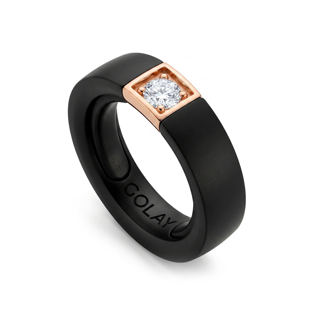 World Diamond Group zwarte titanium ring, met 18kt roségouden element, bezet met 0,25 ct diamant, aanpasbaar met lagers van 13 tot 17 GAN033O3DINETX-1317