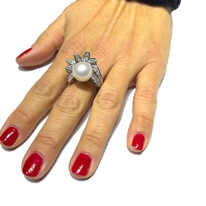 Capodagaglie Ringblume Perle weiße Perlen 18kt Diamanten und Perlen 0038Ag