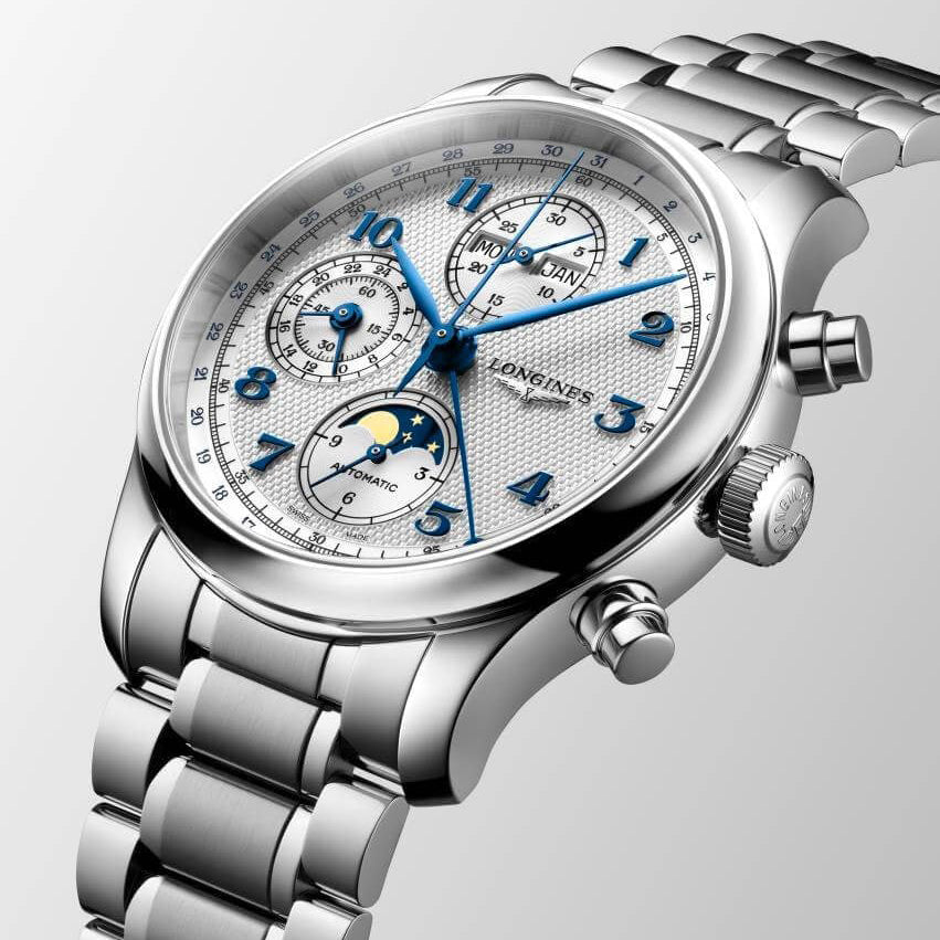 Longines klocka Master Collection Chrono Moonphase 41mm silver automatstål L2.962.4.73.6