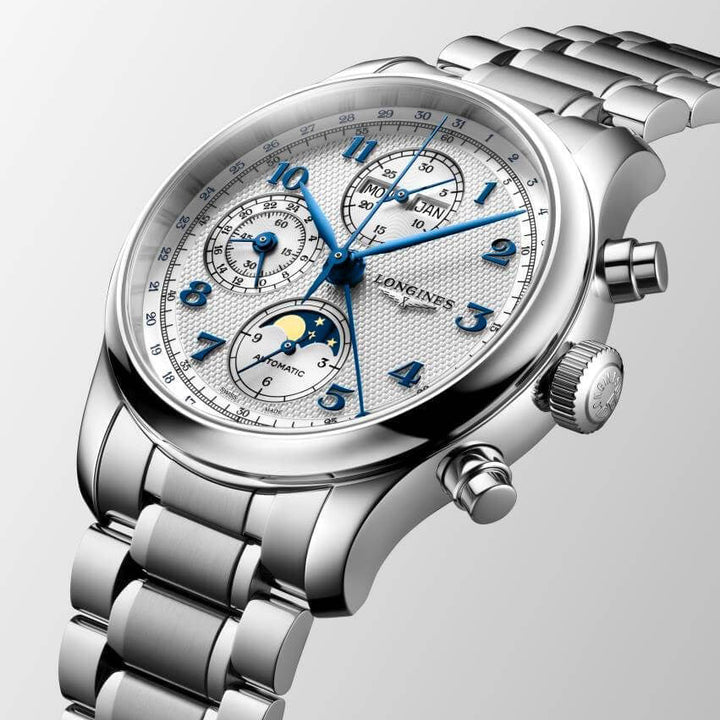Longines klocka Master Collection Chrono Moonphase 41mm silver automatstål L2.962.4.73.6