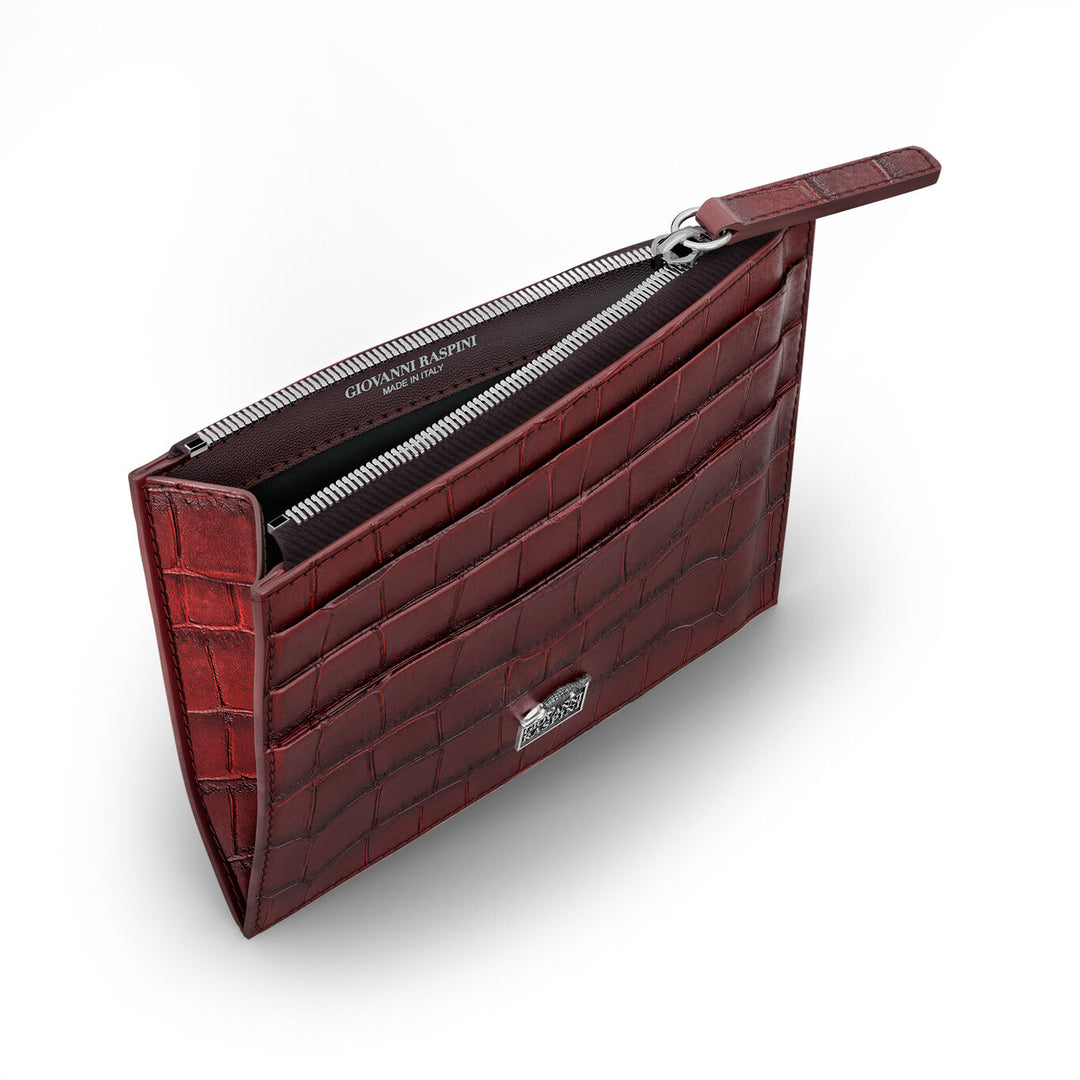 Porta-cartões Giovanni Raspini com zíper couro croco bordô 925 prata L0030