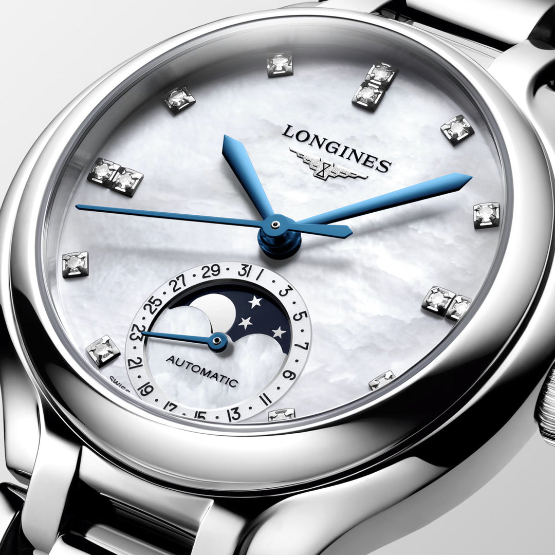 LONGINES PRIMALUNATA MOONPHASE WATCH 34MM MOTHERPERLA DIAMANTI Automatic Steel L8.126.4.87.6
