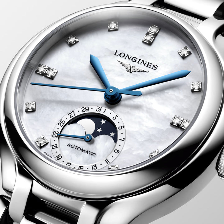LONGINES PRIMALUNATA MOONPHASE WATCH 34MM MOTHERPERLA DIAMANTI Automatic Steel L8.126.4.87.6