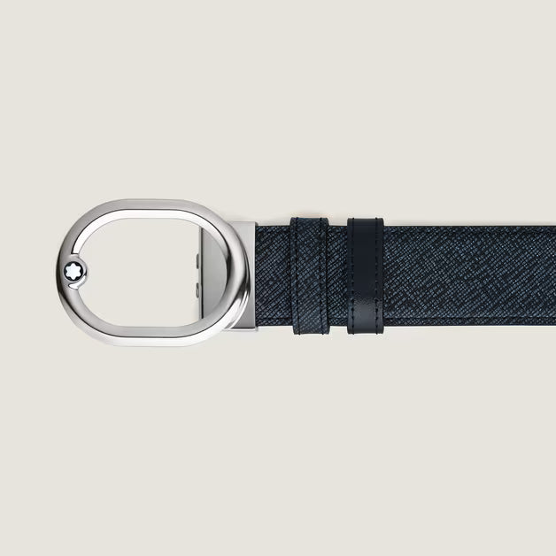 Montblanc L'Ovale reversible belt 35 mm in blue tweed/black leather 221025