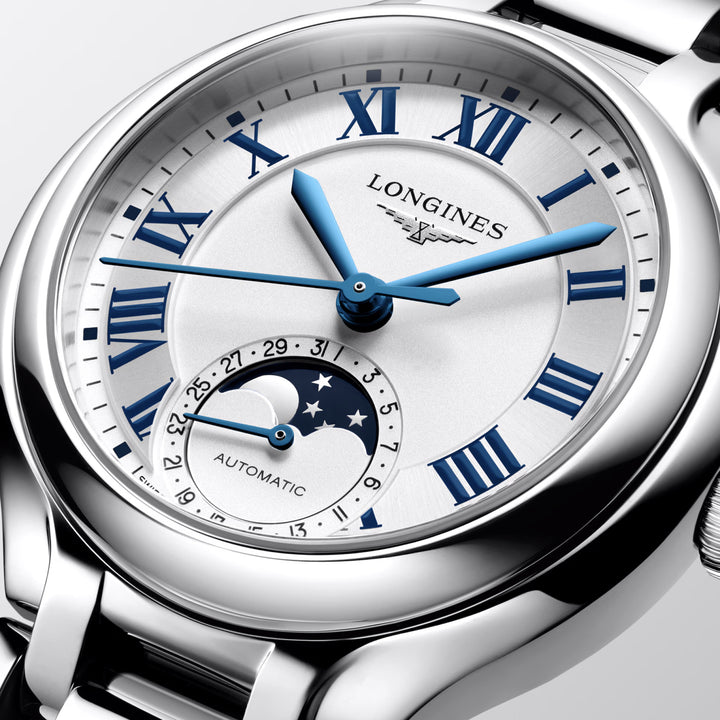 Longines Primaluna Moonphase relógio 34 mm prata aço automático L8.126.4.71.6