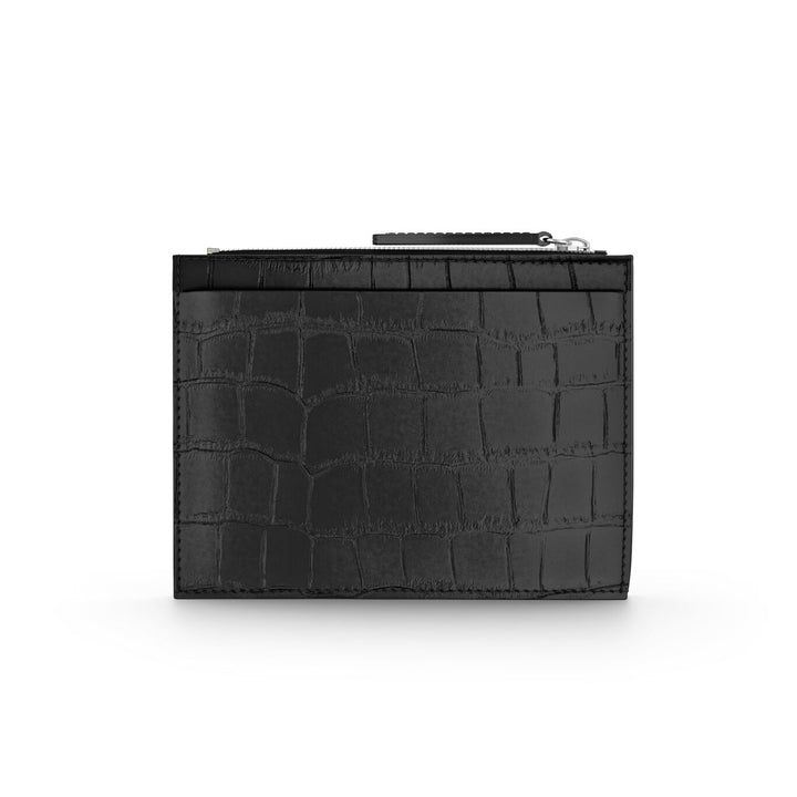 Porte-cartes Giovanni Raspini avec zip, cuir croco noir, argent 925 L0023