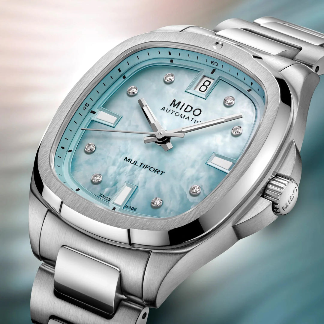 Reloj Mido Multifort TV 35 34x35mm azul nácar diamantes automático acero M049.307.11.136.00