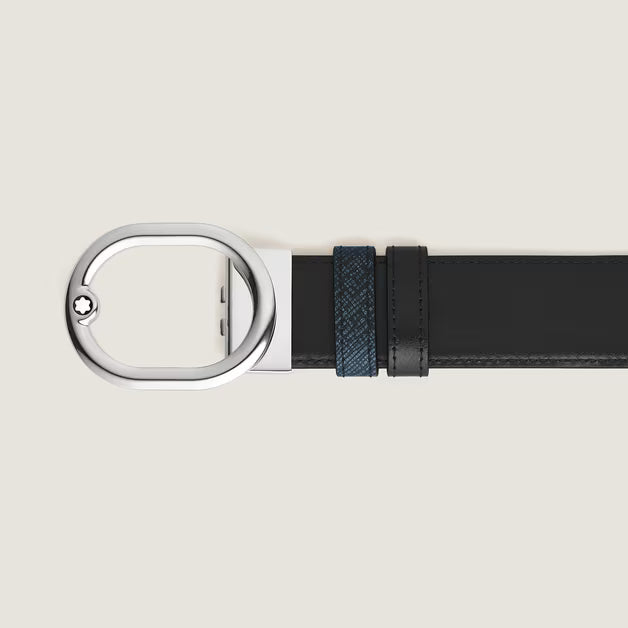Montblanc L'Ovale reversible belt 35 mm in blue tweed/black leather 221025