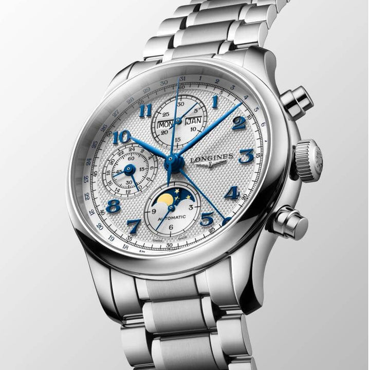 Longines klocka Master Collection Chrono Moonphase 41mm silver automatstål L2.962.4.73.6