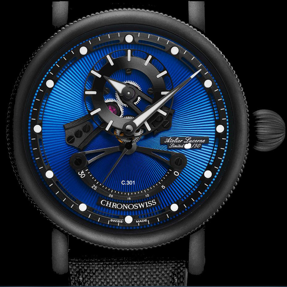 Black Limited Edition의 Chronoswiss Orologio Open Gear Resec Blue 50pezzi 44mm Blu Automatico Acciaio Finitura DLC NERO CH-6925M-EBBK