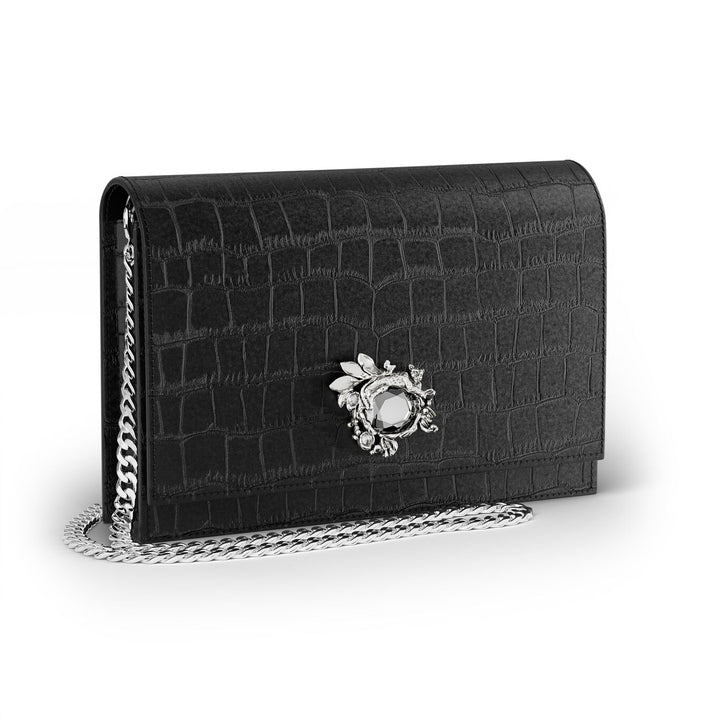 Pochette Giovanni Raspini jungle cuir croco noir bronzeblanc L0027