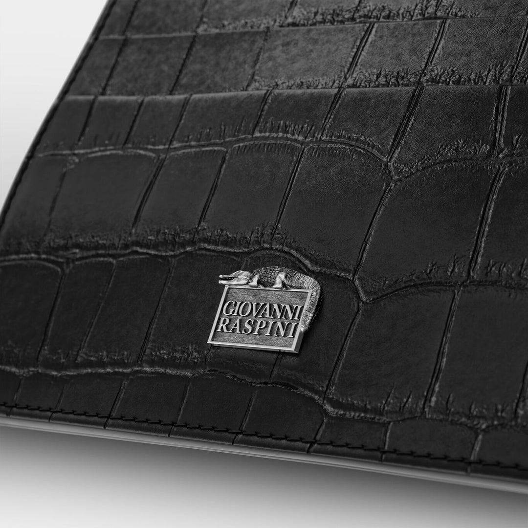 Porte-cartes Giovanni Raspini avec zip, cuir croco noir, argent 925 L0023