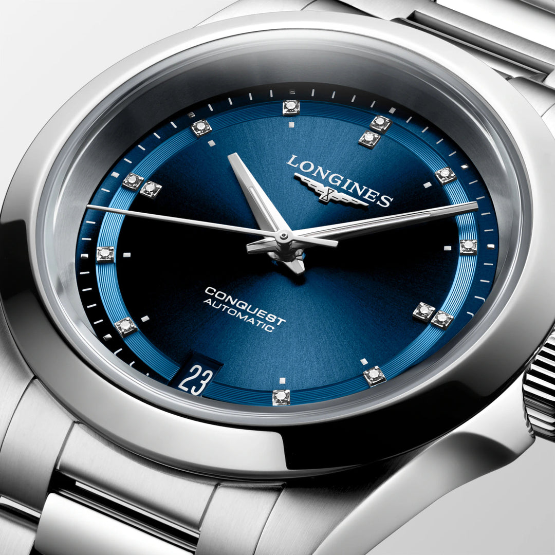 ساعة لونجين نيو كونكويست 34 ملم أوتوماتيكية زرقاء اللون من الفولاذ L3.430.4.97.6