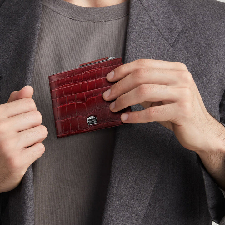 Porta-cartões Giovanni Raspini com zíper couro croco bordô 925 prata L0030