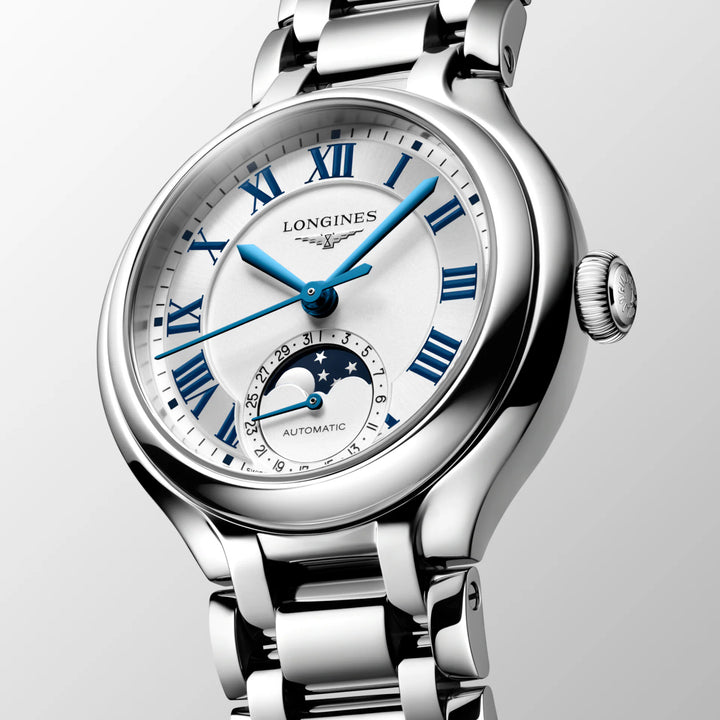 Longines Primaluna Moonphase relógio 34 mm prata aço automático L8.126.4.71.6