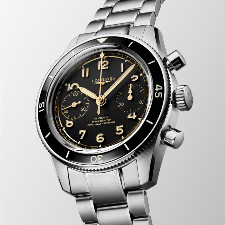 Longines-Uhr Spirit Pilot Flyback 72,6 39,5 mm schwarzes Handhandbuch aus Stahl L3.721.4.53.6
